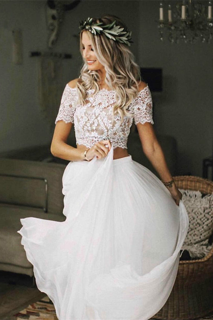 Two Pieces Short Sleeve Off the Shoulder Ivory Lace Wedding Dresses with Chiffon W1023