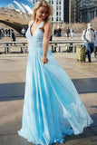 Elegant A-Line Deep V-Neck Blue Chiffon Sequins Sleeveless Prom Dresses UK PH521