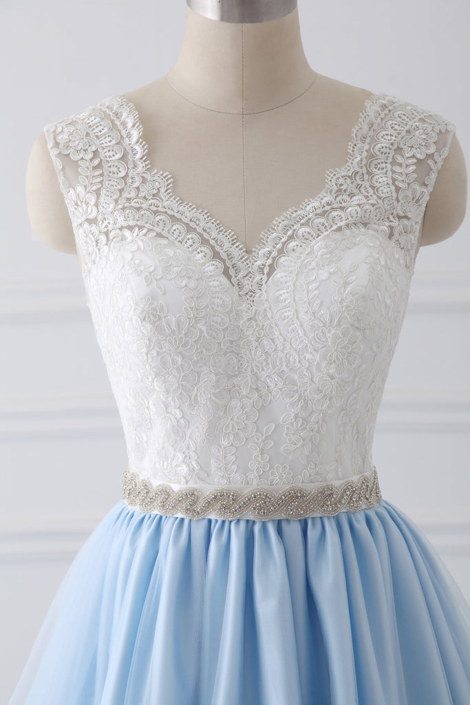 A-Line V-Neck Lace Top Sky Blue Skirt Cheap Sweetheart Tulle Satin Wedding Dresses with Sash PH156