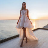 Unique Ivory Halter High Low Homecoming Dress with Lace H1095