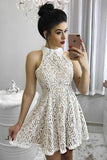 Unique A Line Ivory Halter Lace Above Knee Homecoming Dresses Short Prom Dresses H1300