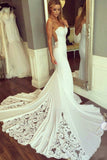 Unique Mermaid Sheer Neck Wedding Dress with Lace Unique Ivory Bridal Dress PW920
