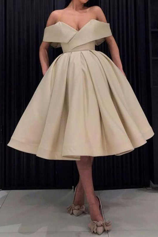 Unique Off the Shoulder Gold V Neck Ball Gown Satin Short Prom Dresses with Pockets H1230