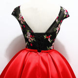 Unique Red Satin Cap Sleeves Scoop Belt Flowers Homecoming Dress with Lace up H1233