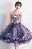 Unique Strapless Sweetheart Purple Sleeveless Homecoming Dresses with Flowers H1044