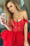 A Line Off the Shoulder Lace Red Satin Ruffles Layered Short Homecoming Dresses uk PH991