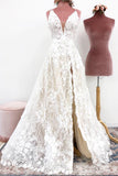Unique Spaghetti Straps Lace Appliques V-Neck Wedding Dress Long Wedding Gowns W1184