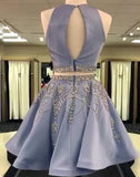 Unique Two Pieces Rhinestone Halter Open Back Short Party Dresses Homecoming Dresses PH916