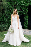 A Line Round Neck Floor Length V Neck Tulle Cheap Wedding Dress with Lace Appliques PW202
