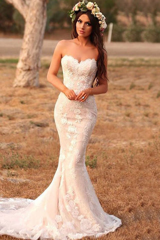 Charming Mermaid Lace Applique Sweetheart Sleeveless Wedding Dresses, Country Bridal Dresses W1166