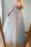 A Line V-Neck Beads Pink Long Tulle Prom Dress With Floral Formal Dress P1335