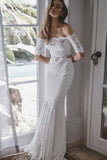 2 Pieces Ivory Lace Mermaid Off the Shoulder Wedding Dresses, Beach Wedding Gowns W1199