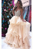 Princess Luxurious Spaghetti Straps V-Neck Beading Bodice Tulle Long Prom Dress with Layers PW122
