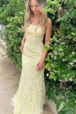 Charming Mermaid Yellow Spaghetti Straps Lace Appliques Prom Dresses with Criss Cross P1328