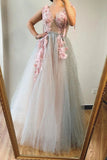 A line V neck Beads Pink Long Tulle Prom Dresses With Floral, Formal Dresses P1335