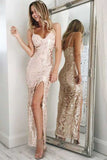 Mermaid Ankle Length Pearl Pink Spaghetti Straps V Neck Sequins Split Prom Dresses uk PW09