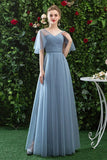 A Line V Neck Tulle Blue Cheap Prom Dress, Long Floor Length Bridesmaid Dresses P1272