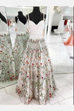 A-Line Spaghetti Straps White Appliqued Cheap Prom Dresses, V Neck Long Evening Dresses P1295