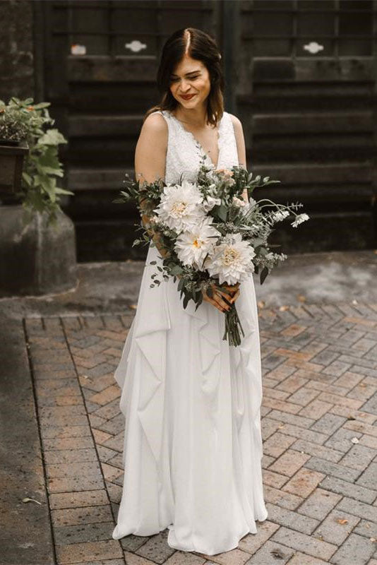 V-Neck Chiffon Backless Ivory Straps Wedding Dresses with Lace Long Bridal Dresses W1051
