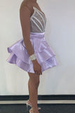 V-Neck Purple Strapless Homecoming Dresses Satin Sequins Above Knee Short Prom Dresses H1096