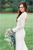 Vintage Long Sleeve Deep V-Neck Mermaid Lace Wedding Dresses Ivory Backless Bridal Dresses W1067