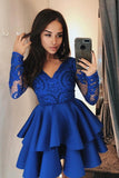Vintage Long Sleeve Navy Blue V Neck Knee Length Homecoming Dresses with Lace PW855