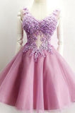 A Line V Neck Lace Appliques Lilac Short Beading Tulle Sleeveless Homecoming Dresses uk PH976