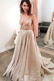 Elegant Sparkly V Neck Open Back Sequin Shiny Long Sleeveless Prom Dresses uk PW105