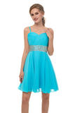 A Line Spaghetti Straps Beading Blue Chiffon Short Above Knee Homecoming Dress Prom Dress WH15671
