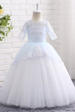 A Line Round Neck Half Sleeve Appliques Tulle Flower Girl Dress WH18804