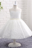 A Line Round Neck Sleeveless Lace Flower Girl Dresses With Pearls WH18809