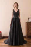 Elegant A Line V-Neck Black Satin Sleeveless Court Train Prom Dress WH22613
