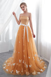 Elegant Strapless Butterfly Appliques Satin Court Train Prom Dress With Belt WH22654