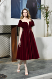 Vintage A Line Notched Short Sleeves Pearls Velvet Tea Length Homecoming Dress WH26389