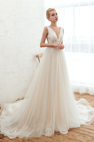 A Line V-Neck Sleeveless Appliques Tulle Court Train Wedding Dresses WH28348