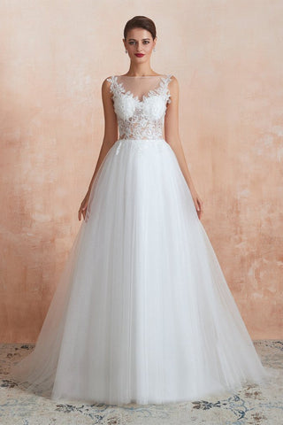 A Line Sleeveless Sequins Appliques Tulle Sweep Train Wedding Dress WH28371