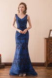 Unique Mermaid V-Neck Beading Navy Blue Organza Prom Dress With Sequins WH28615
