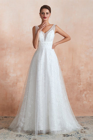 Elegant A Line V-Neck Sleeveless Pearls Lace Sweep Train Wedding Dresses WH35372