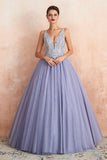 Ball Gown V-Neck Sleeveless Appliques Tulle Floor Length Prom Dress WH44361