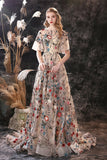 A Line Half Sleeve Embroidery Tulle Prom Dress WH45552