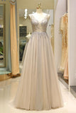 Gorgeous A Line V Back Sleeveless Beading Tulle Court Train Prom Dress Sequins Party Dress WH48712