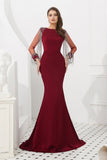 Gorgeous Mermaid Long Sleeves Beading Burgundy Satin Prom Dress WH49306