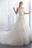 Stunning A Line Strapless Appliques Ivory Lace Wedding Dress With Gold Followers WH50666