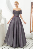 A Line Short Sleeve Beading Tulle Floor Length Prom Dress With Lace Up WH53336
