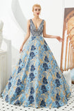 Ball Gown Deep V-Neck Sleeveless Embroidery Beading Tulle Floor Length Prom Dress WH58337