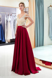 A Line V-Neck Beading Red Satin Floor Length Prom Dress Party Dress WH58706