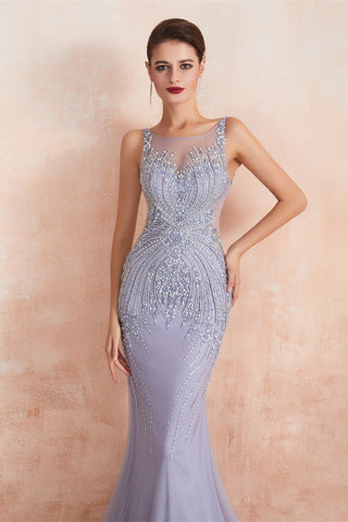 Elegant Mermaid Sleeveless Beading Tulle Sweep Train Prom Dress WH61355