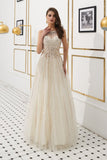 Shiny A Line Beading Sleeveless Tulle Floor Length Prom Dress WH64320