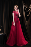 Elegant A Line Cap Sleeve Beading Tulle Sweep Train Prom Dress Party Dress WH691023