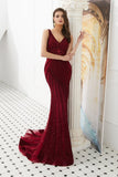 Mermaid V-Neck Beads Sleeveless Burgundy Tulle Prom Dress WH70303